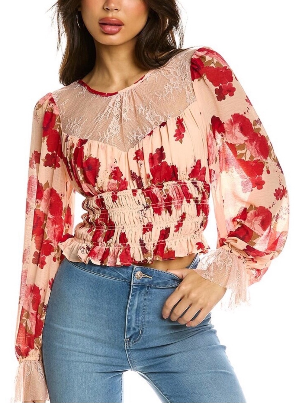 Free People Pink Blouse with Red Floral Print and Lace Yoke